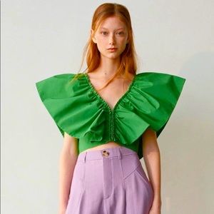 Zara Green Ruffled Frilled Poplin Crop Top